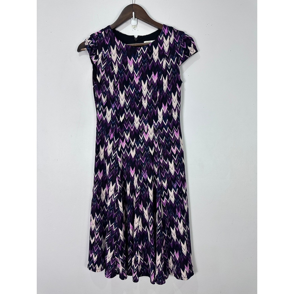 Eliza J Fit and Flare Dress Women 0P Purple Chevron Print Cap Sleeve Knee Length